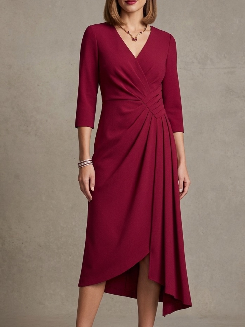 Kay Unger Berry Red Pleated Asymmetrical Midi‎ Dress V-Neck 3/4 Sleeve Size 4